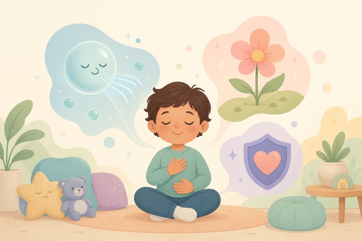 Illustration of a child feeling calmer with breathing and grounding tools nearby