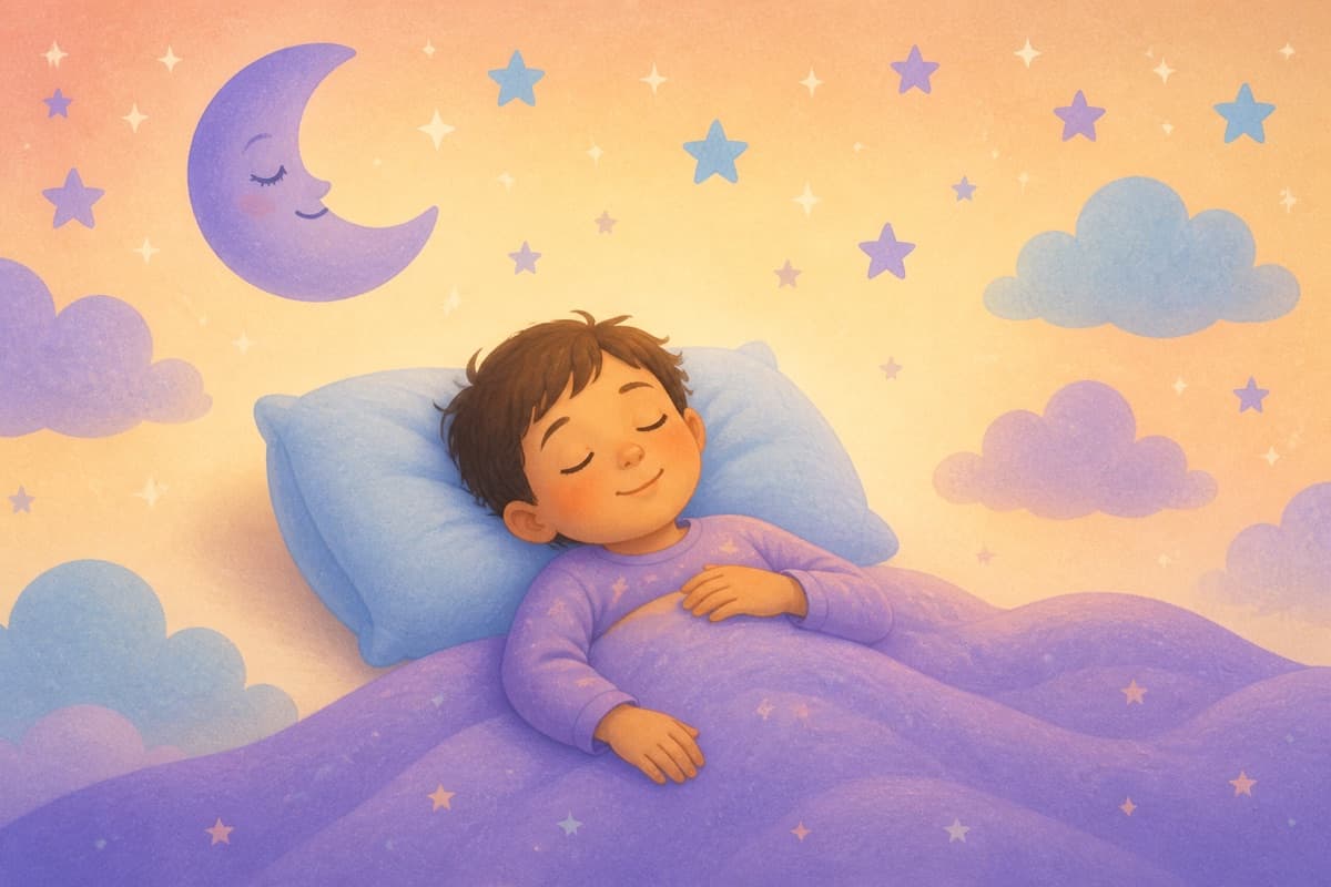 Illustration of a child sleeping peacefully under a blanket with moon and stars