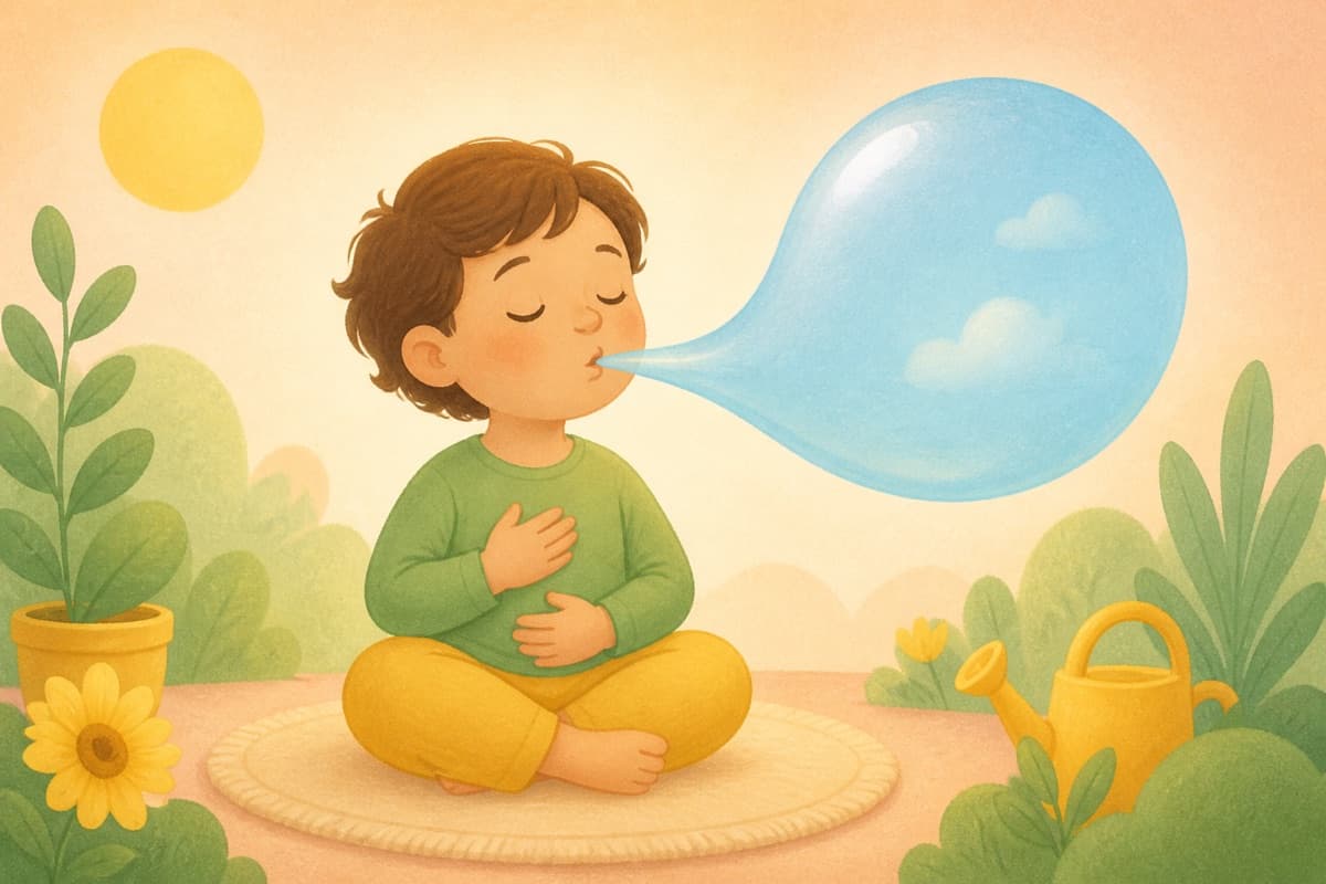 Illustration of a child practising bubble breathing in a calm garden