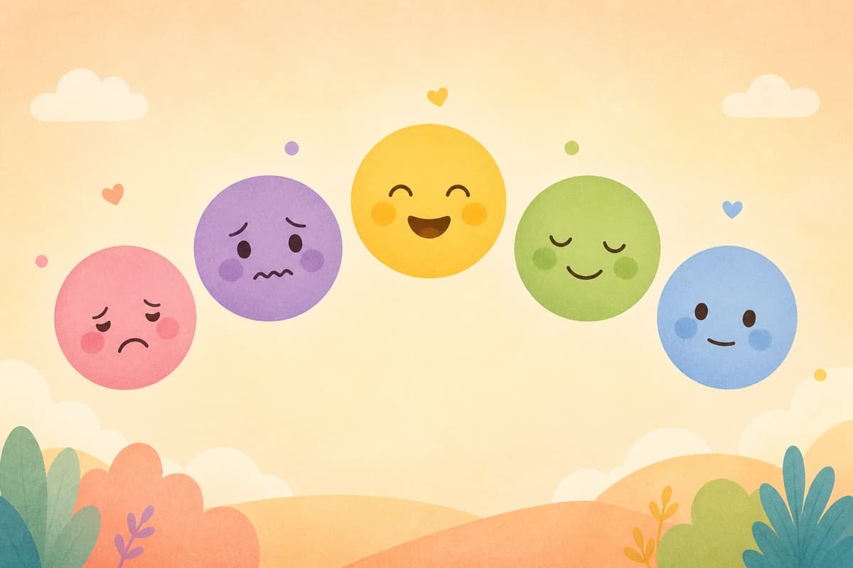 Illustration of colourful mood faces representing happy, calm, okay, sad, and worried feelings