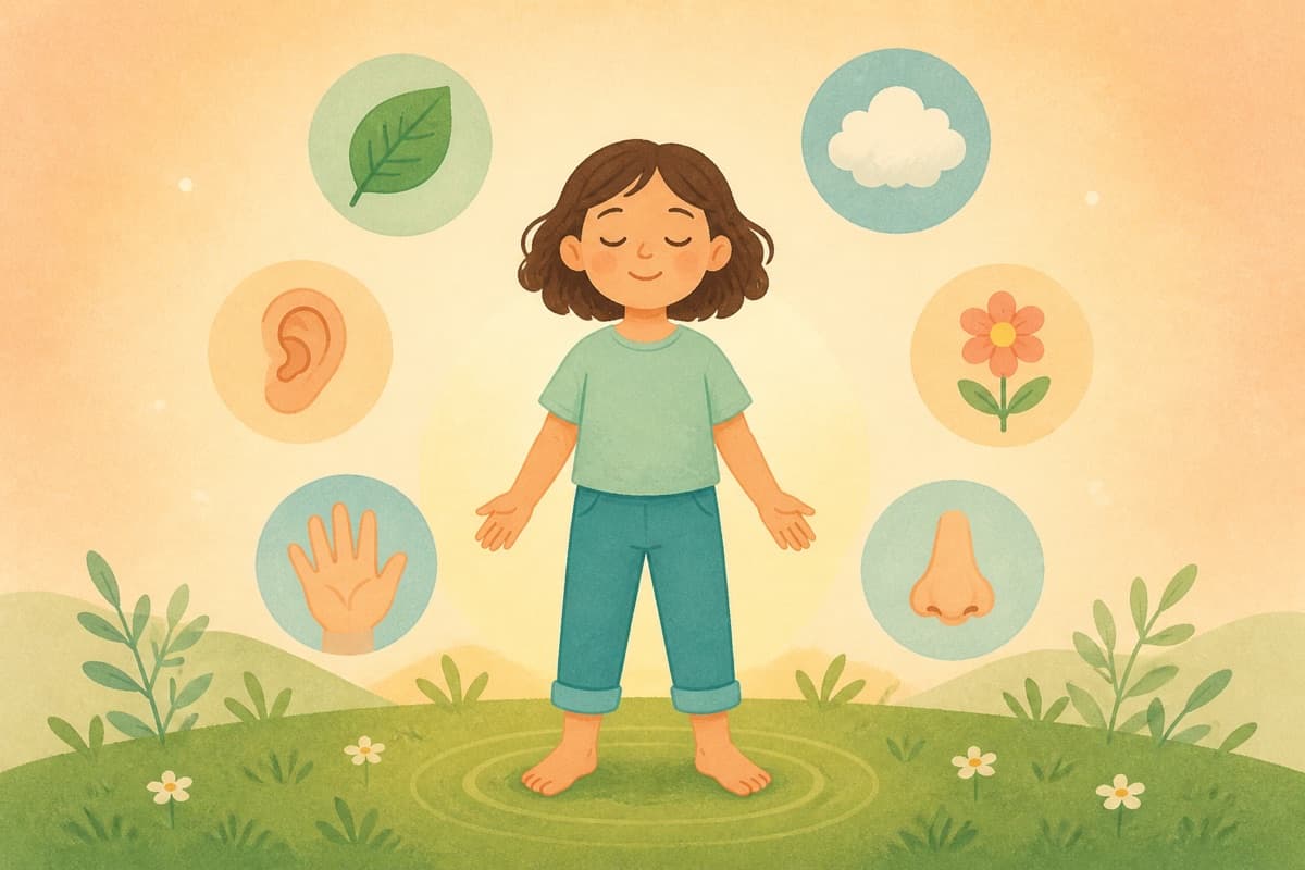 Illustration of a child standing barefoot on grass with sensory grounding icons
