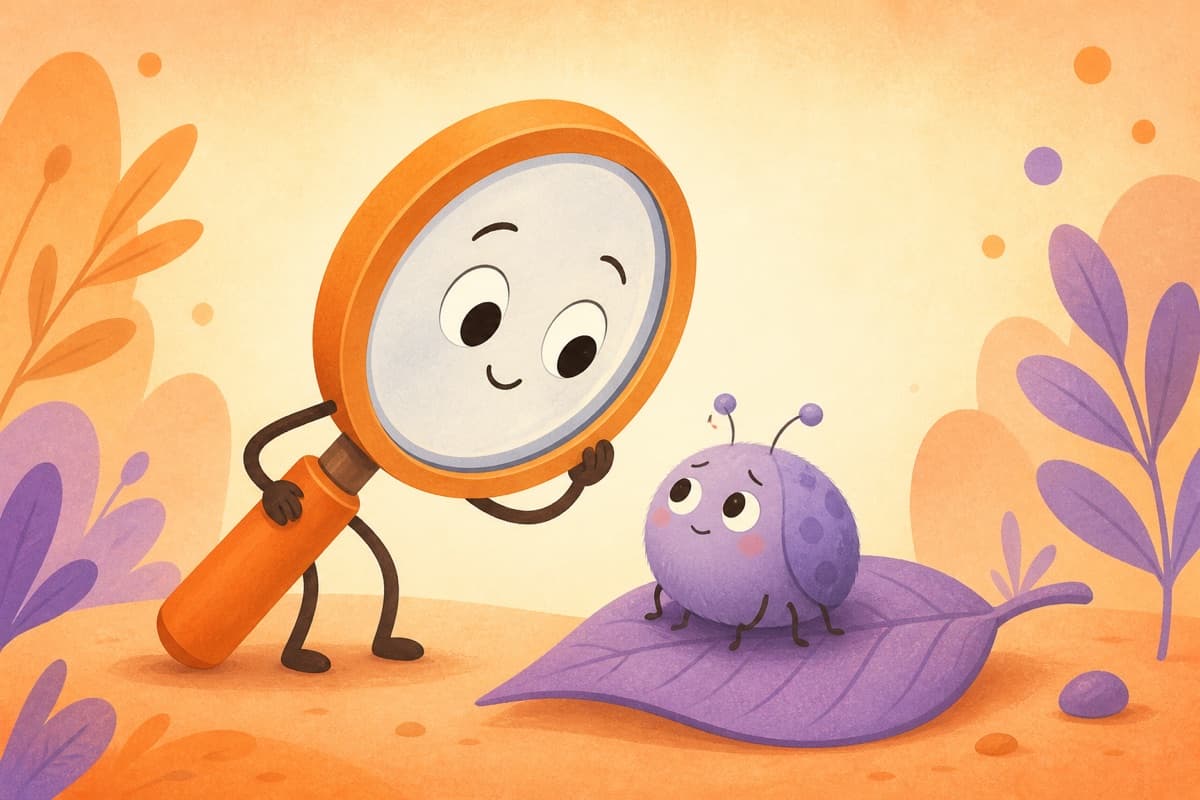Illustration of a magnifying glass examining a friendly worry bug character