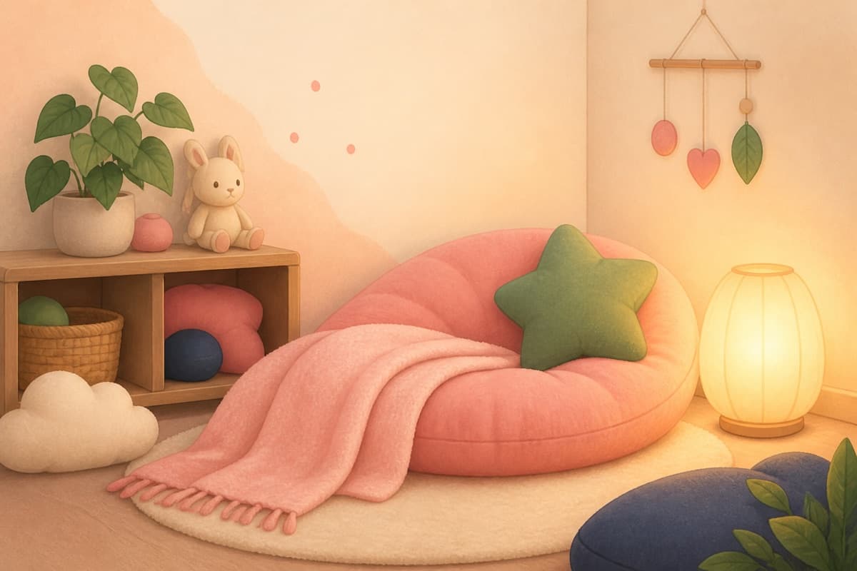 Illustration of a cosy calm-down corner with cushion, blanket, and soft lamp