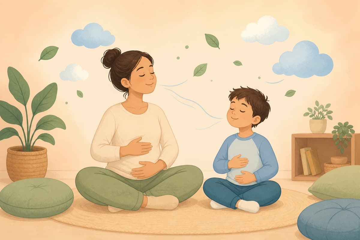 Illustration of a parent and child practising belly breathing together on the floor