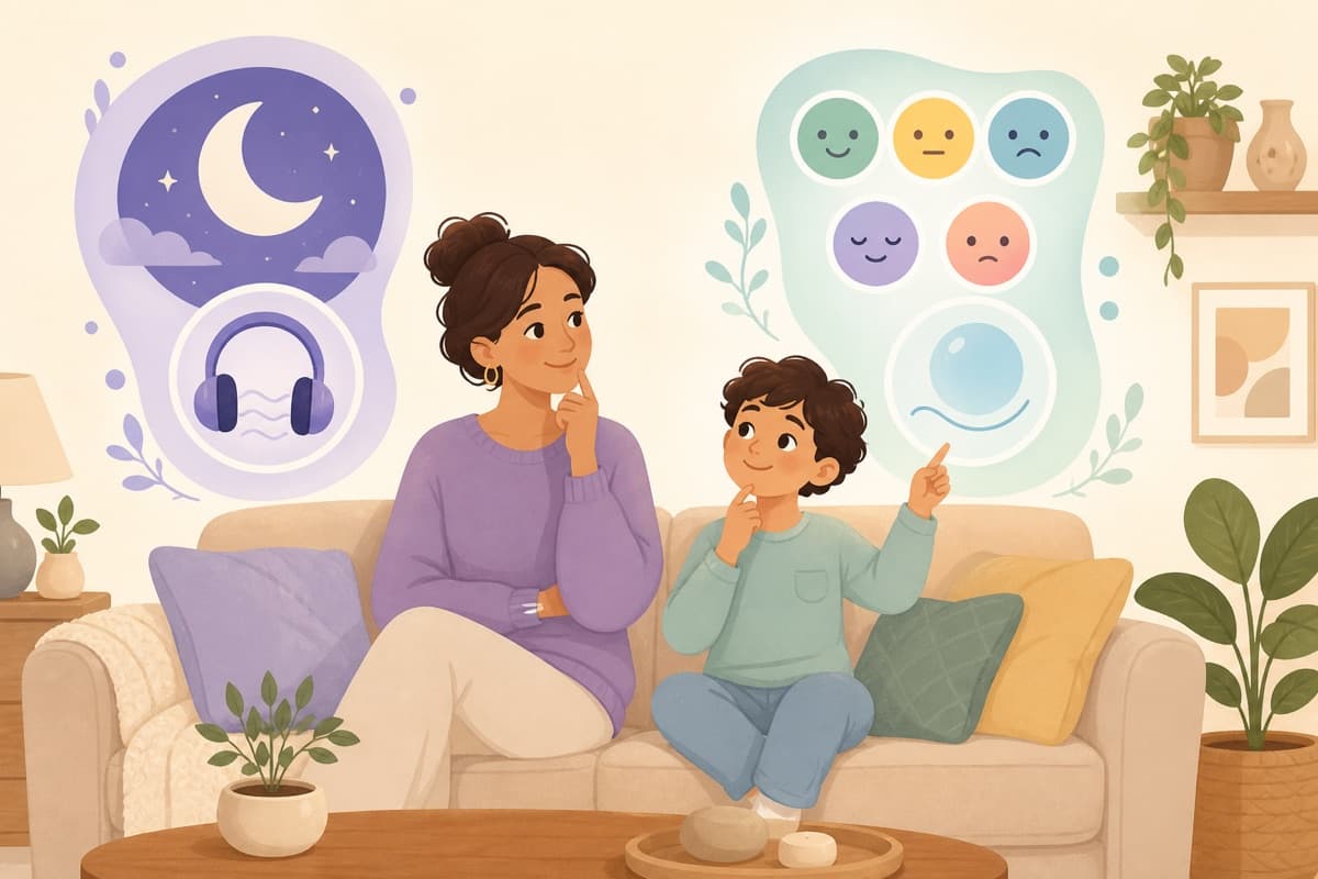 Illustration of a parent and child choosing between sleep stories and mood check-in tools