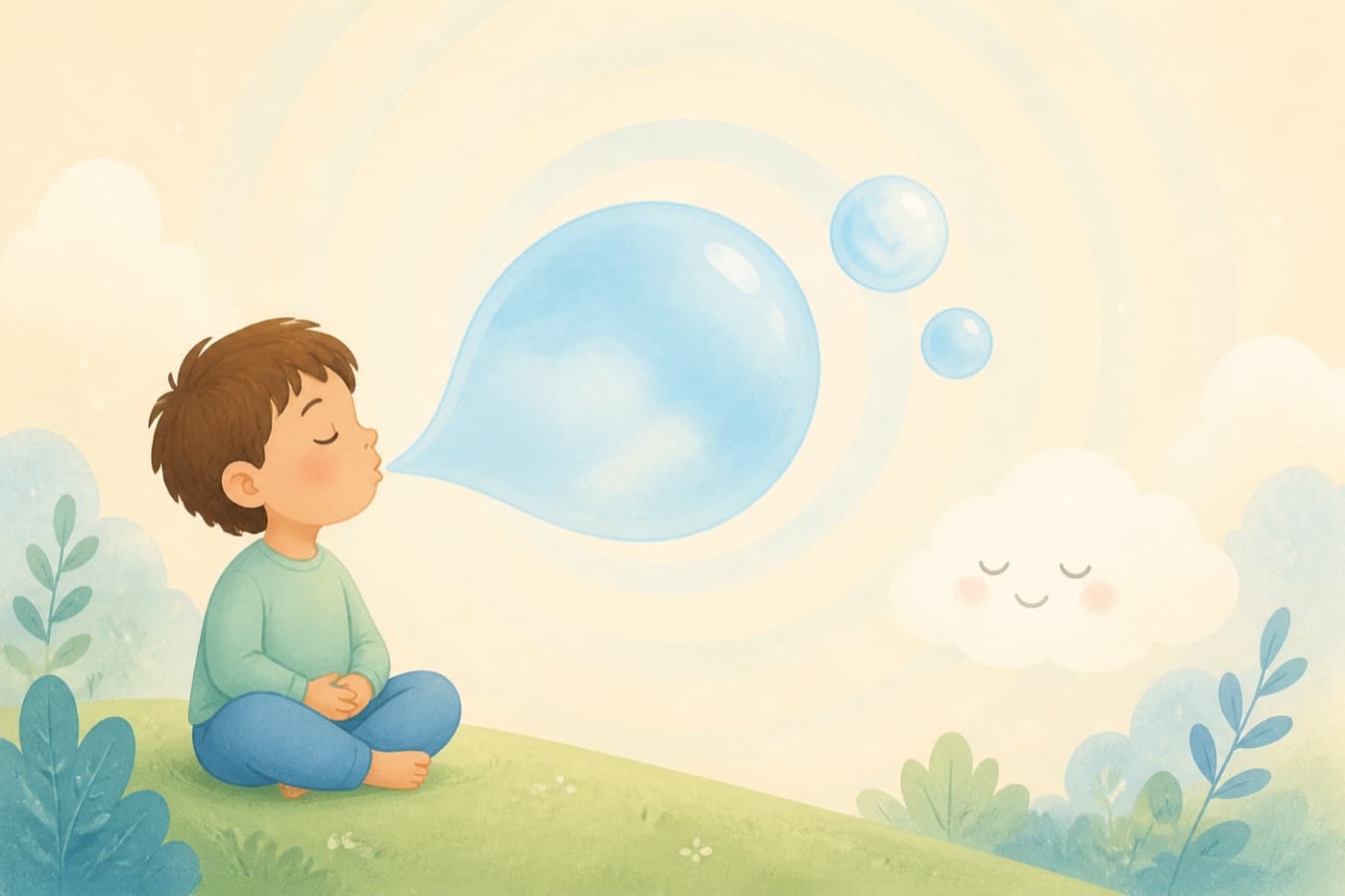 Illustration of a child practising bubble breathing with a calm cloud nearby