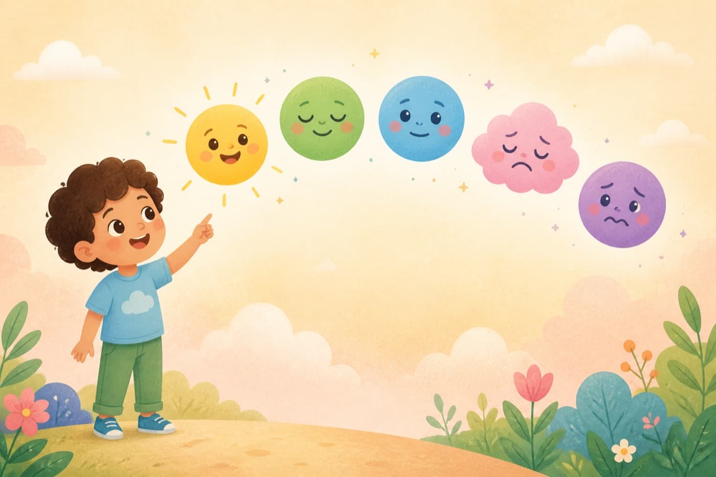 Illustration of a child choosing from happy, calm, okay, sad, and worried mood faces
